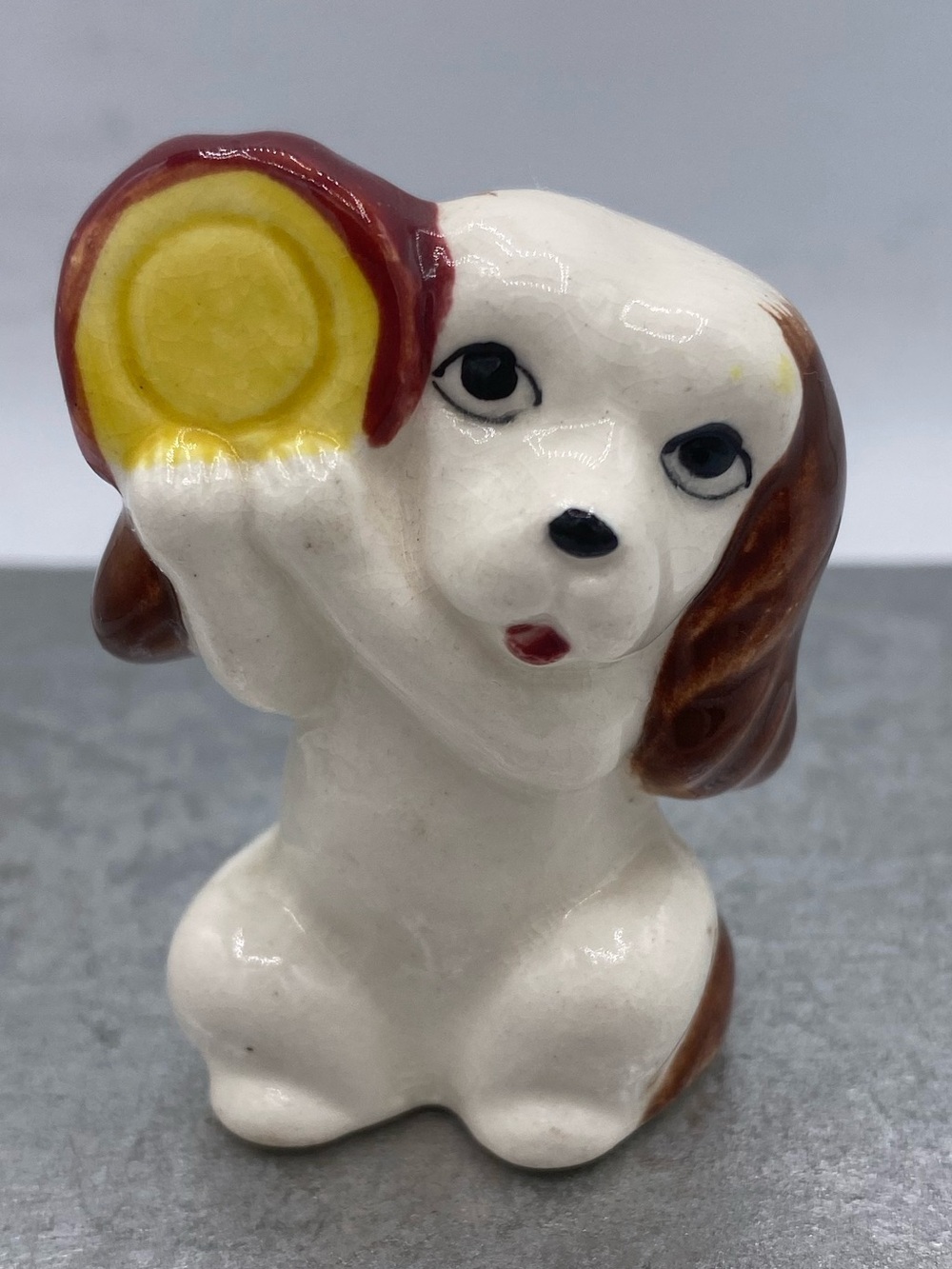 Antique Porcelain 1920s-1930s Small Dog Playing Tambourine Figurine Marked Japan